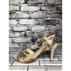 La Fenice Venezia Rose Pink Sequin Beige Suede Open Toe Heels Women Sz 10M US/41